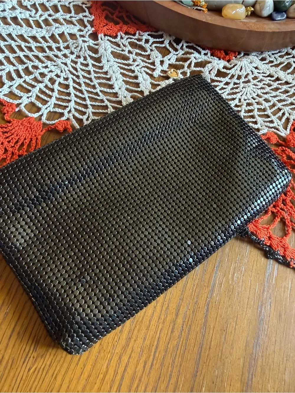 Vintage 1980s Whiting & Davis Black Metal Mesh Evening Clutch Purse